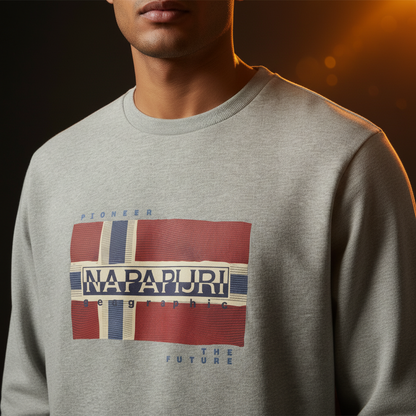 Sudadera gris de cuello redondo Napapijri con estampado de bandera y logo de liquidationlive para un look casual