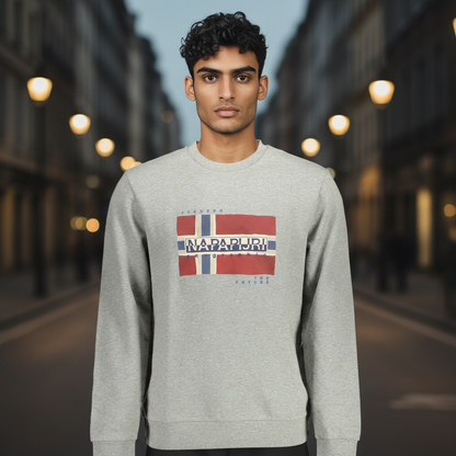 Hombre vistiendo sudadera gris de cuello redondo liquidationlive con estampado de bandera y logo Napapijri