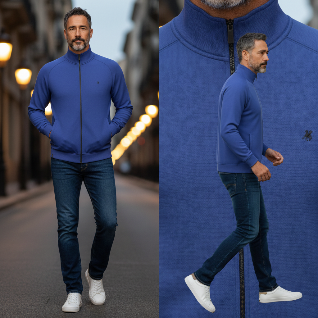 Hombre con sudadera azul con cremallera U.S. Grand, estilo informal con vaqueros y zapatillas en calle urbana