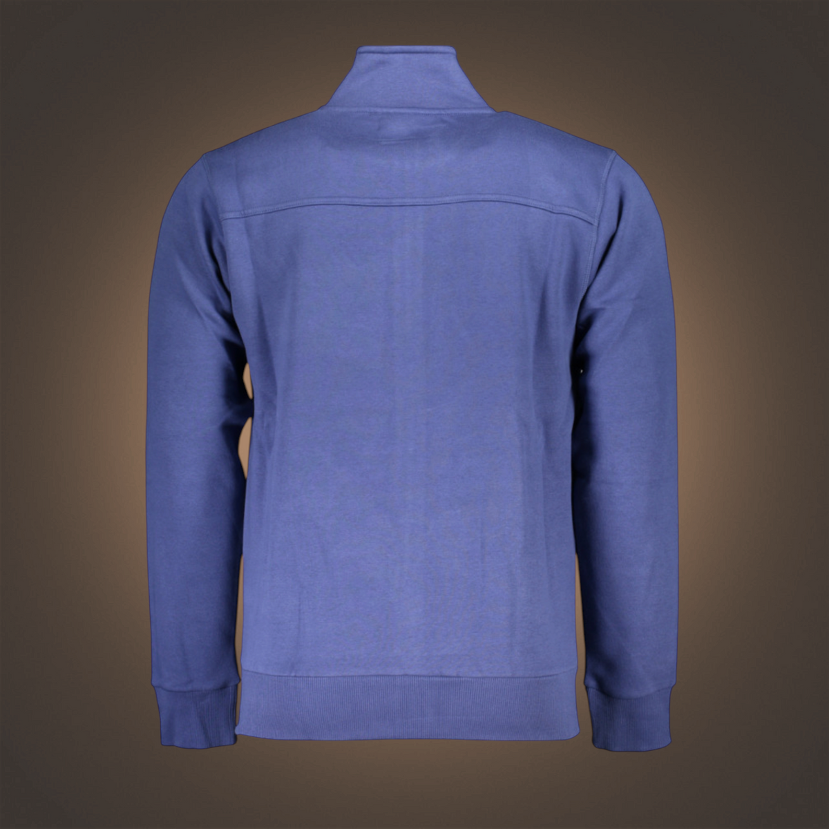 Vista trasera de la sudadera azul U.S. Grand con cuello alto y puños acanalados, estilo informal para hombre.