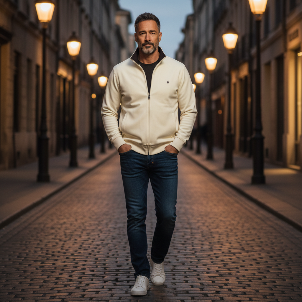 Hombre con sudadera beige con cremallera U.S. Grand y vaqueros caminando por una calle empedrada al atardecer