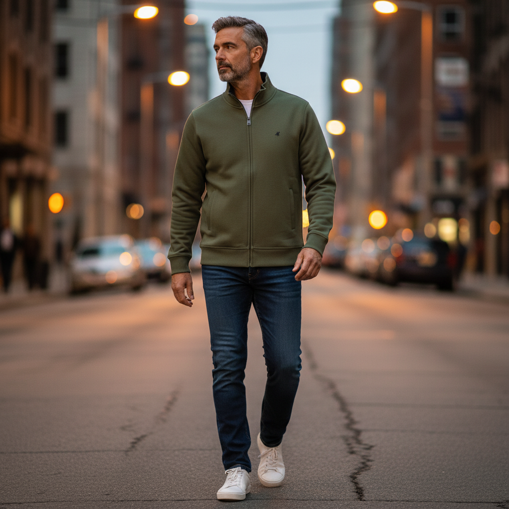 Hombre caminando por la calle con sudadera verde con cremallera U.S. Grand, vaqueros y zapatillas blancas
