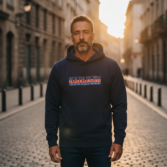 Hombre con sudadera azul marino con capucha y logo Napapijri en una calle urbana al atardecer, estilo casual outdoor.