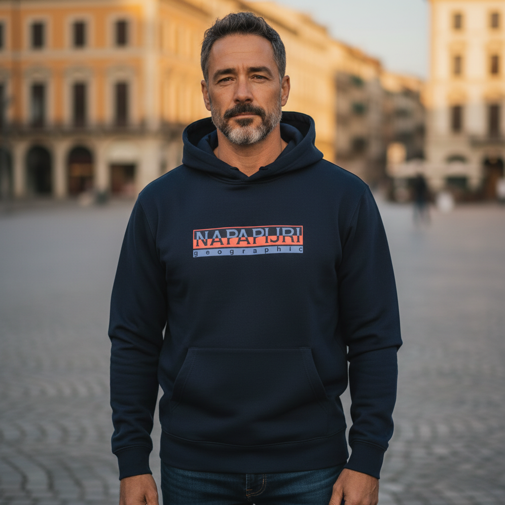 Hombre con sudadera azul marino Napapijri con capucha y logo estampado en el pecho, estilo casual de liquidationlive