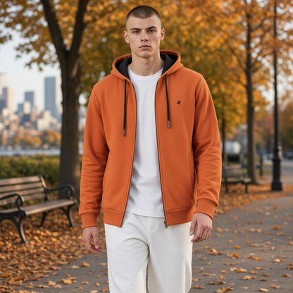 Sudadera con capucha y cremallera liquidationlive en color naranja con bordado, usada sobre camiseta blanca en parque
