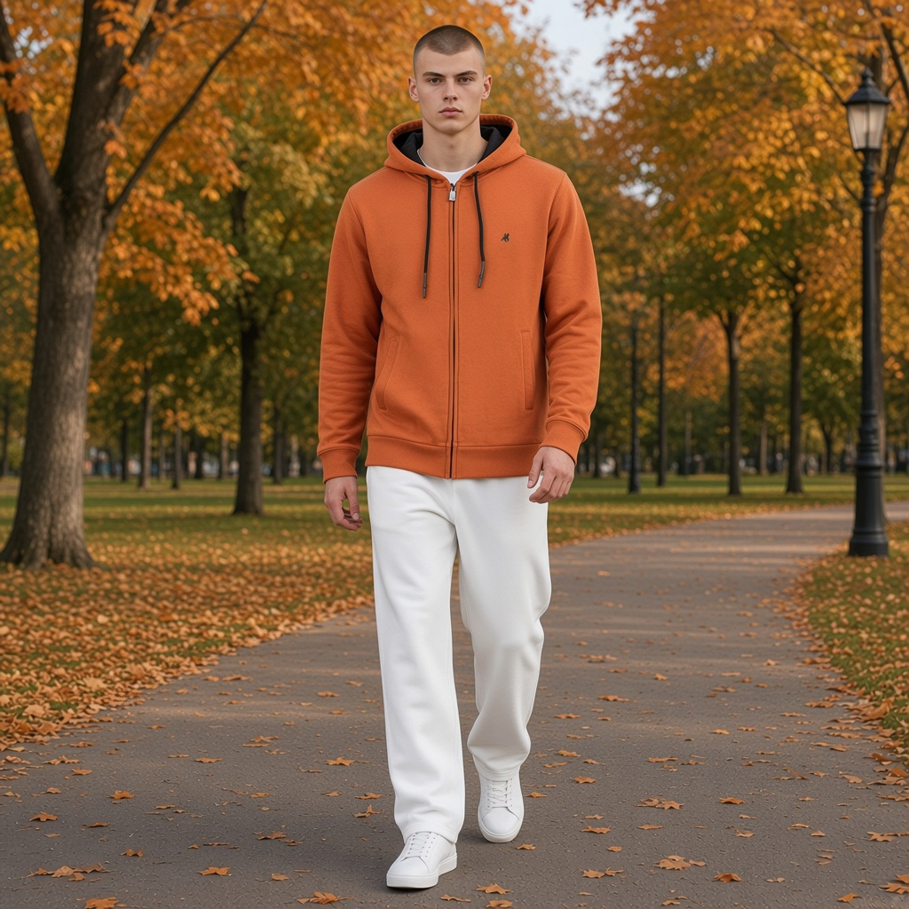 Modelo con sudadera con capucha y cremallera color bronce de liquidationlive, con bordado y bolsillos en parque otoñal