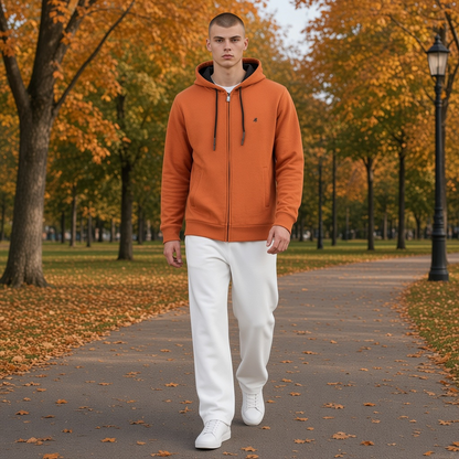 Modelo con sudadera con capucha y cremallera color bronce de liquidationlive, con bordado y bolsillos en parque otoñal