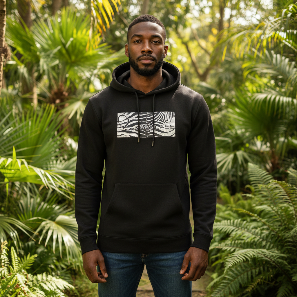 Hombre con sudadera negra con capucha Cavalli Class y logo estampado en un entorno de selva tropical