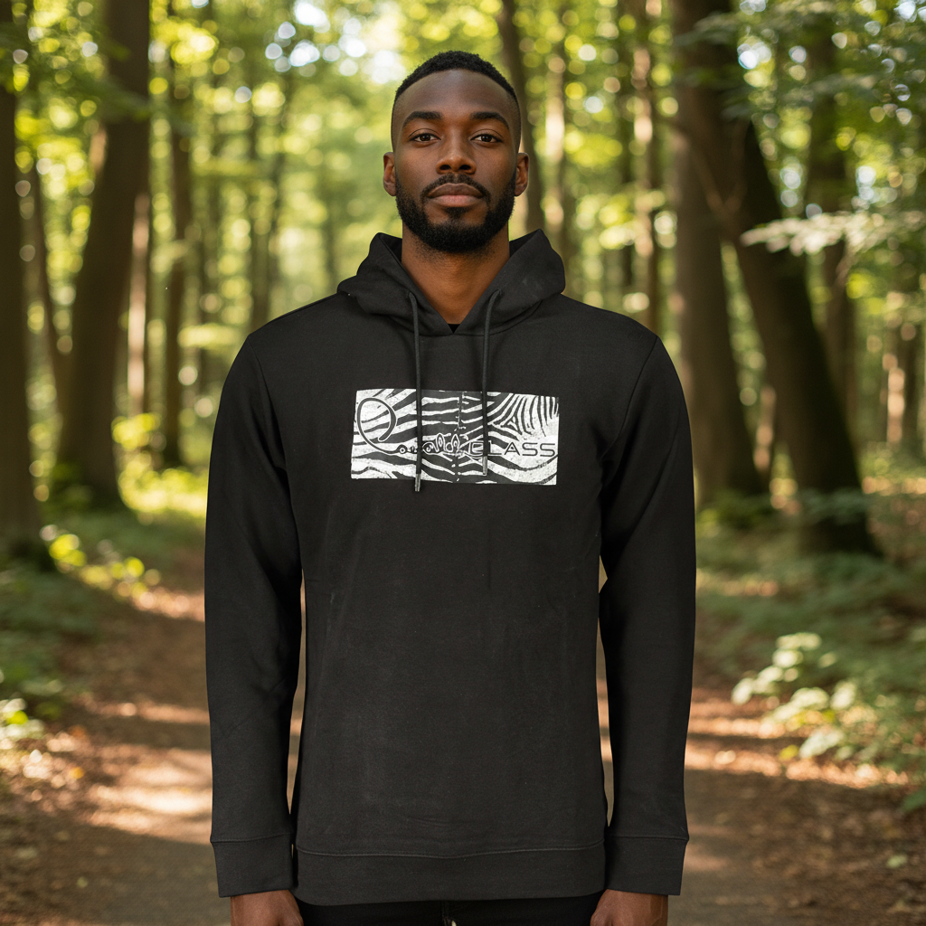 Hombre con sudadera negra con capucha Cavalli Class y estampado animal print en un entorno de bosque natural