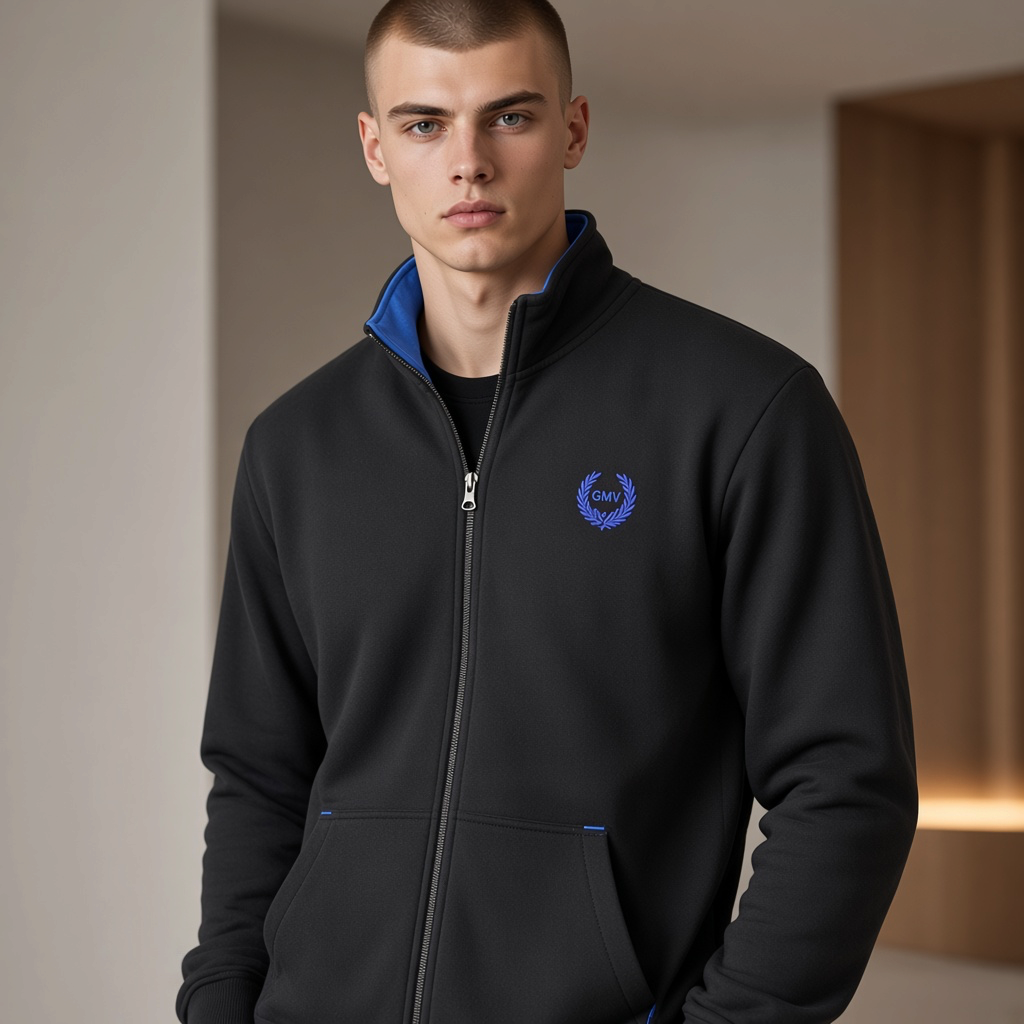 Sudadera negra con cremallera y bordado azul de liquidationlive, con cuello alto y bolsillos, estilo casual.