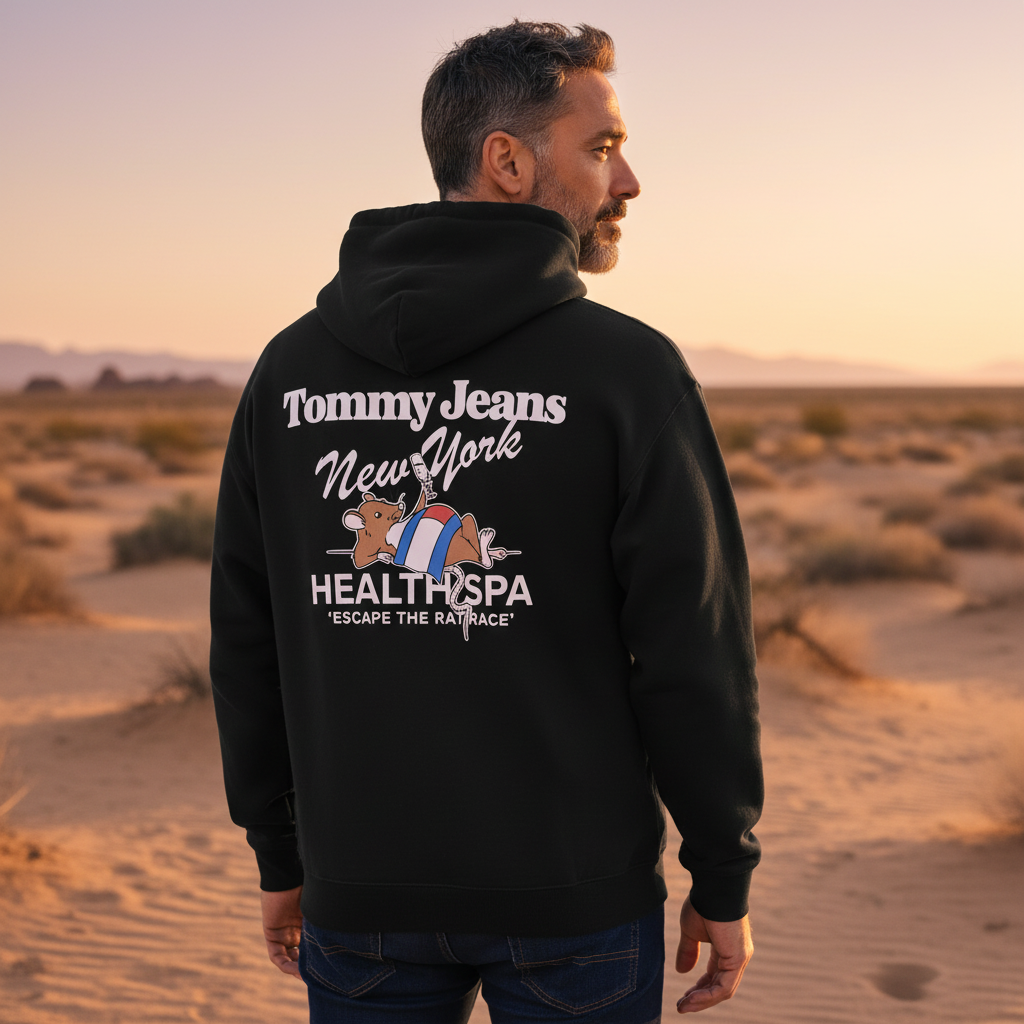 Hombre de espaldas vistiendo sudadera negra con capucha liquidationlive y estampado gráfico en el desierto
