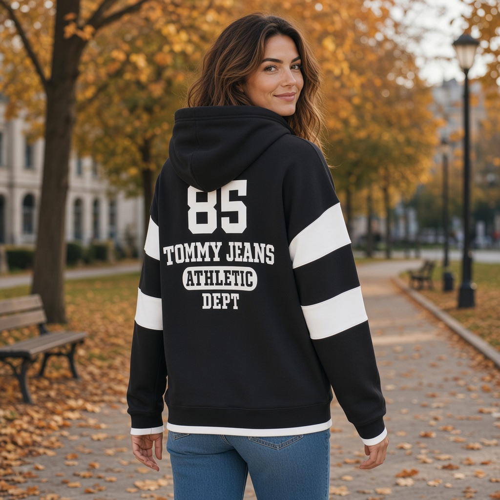 Mujer vistiendo sudadera negra con capucha Tommy Hilfiger con estampado deportivo blanco en un parque otoñal