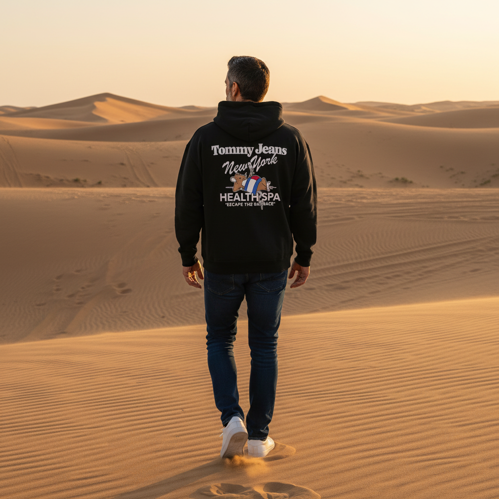 Hombre caminando en el desierto con sudadera negra con capucha Tommy Hilfiger y estampado gráfico en la espalda