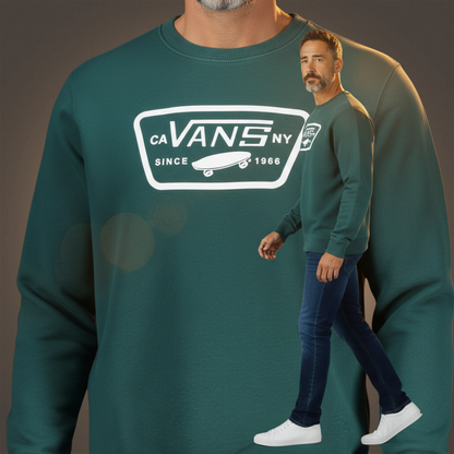 Sudadera verde de cuello redondo Vans con logotipo gráfico para hombre, ideal para un estilo casual y cómodo.
