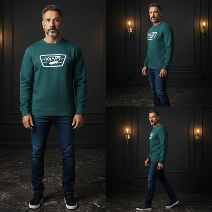 Hombre con sudadera verde Vans de cuello redondo y logo estampado, combinada con vaqueros oscuros en estudio