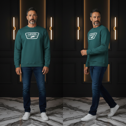 Hombre con sudadera verde Vans de cuello redondo y logo estampado, combinada con vaqueros y zapatillas blancas.