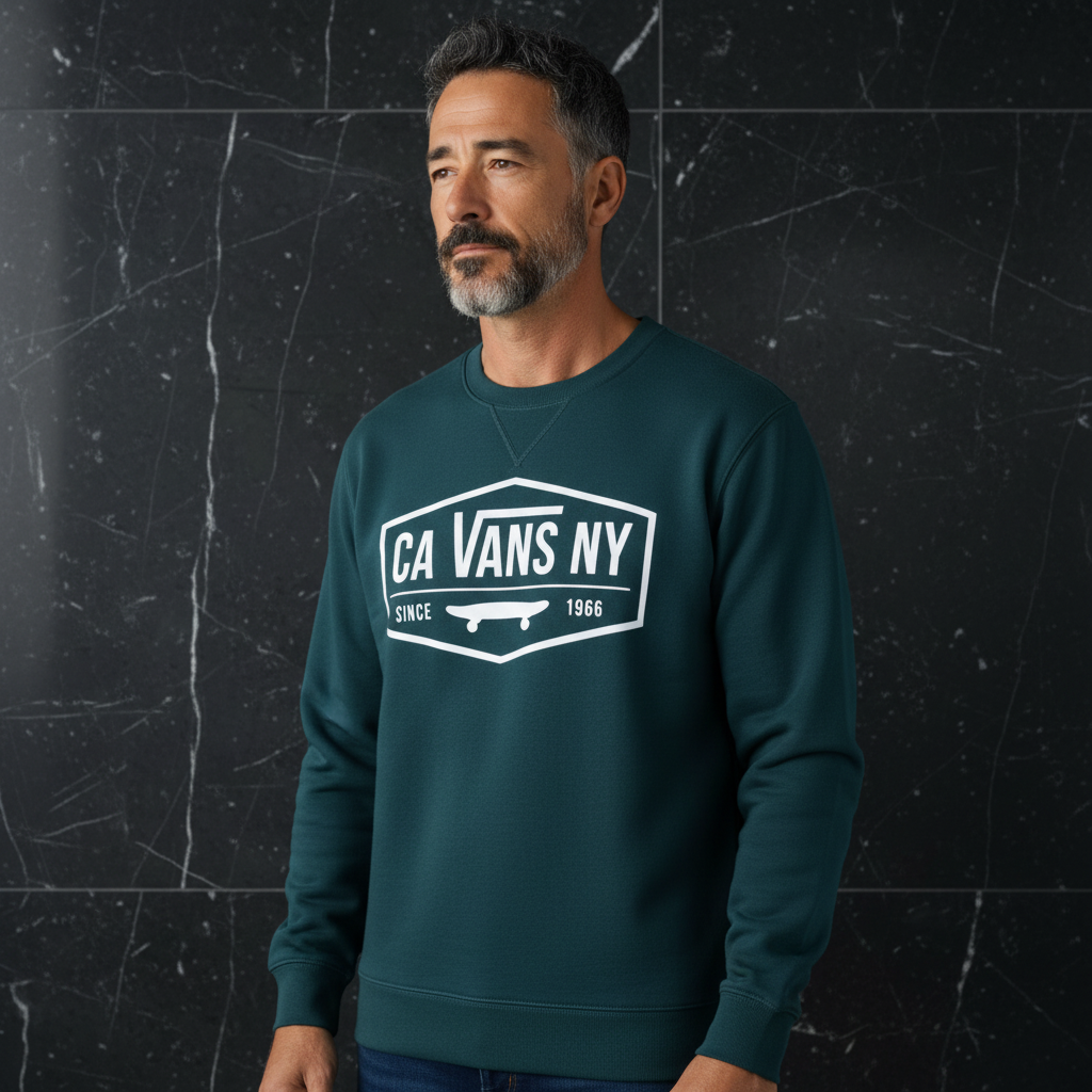 Hombre con sudadera verde de cuello redondo Vans con logotipo gráfico blanco sobre fondo de mármol negro