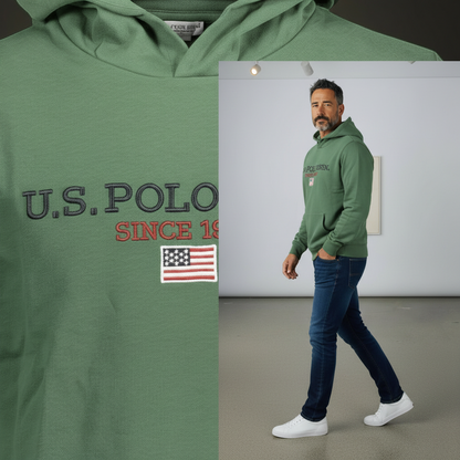 Sudadera con capucha verde liquidationlive U.S. Polo Assn. con logo bordado y bandera estadounidense para hombre