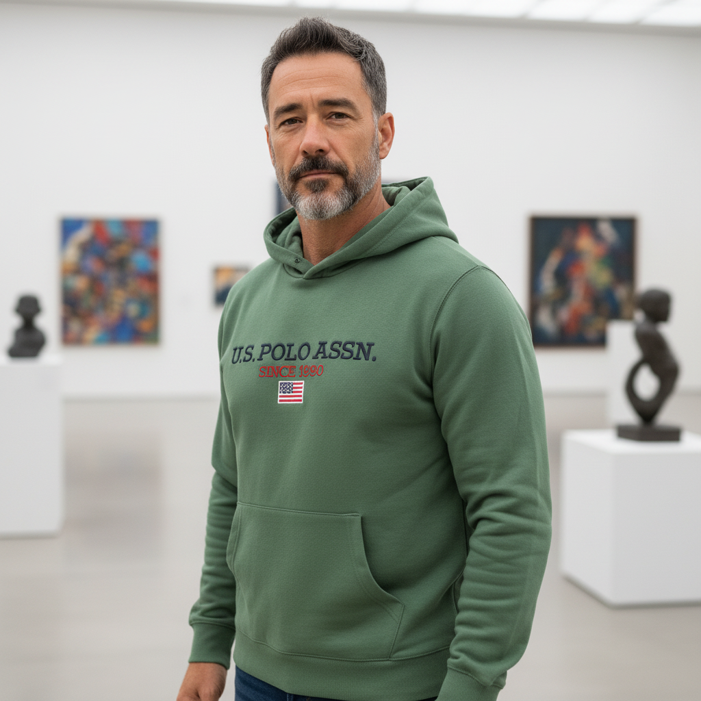 Hombre con barba vistiendo sudadera verde con capucha y logo U.S. Polo Assn. en una galería de arte