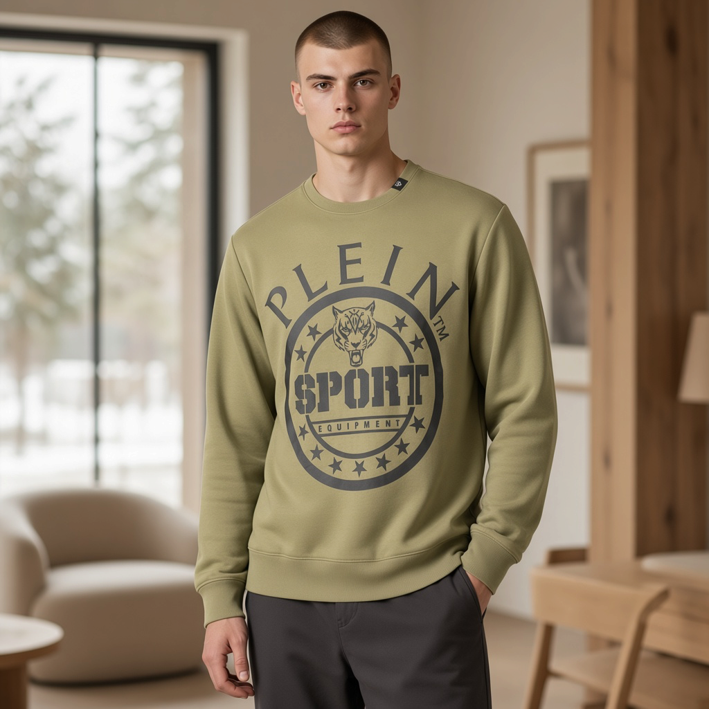 Sudadera verde de cuello redondo Plein Sport con estampado gráfico de tigre y logotipo para hombre