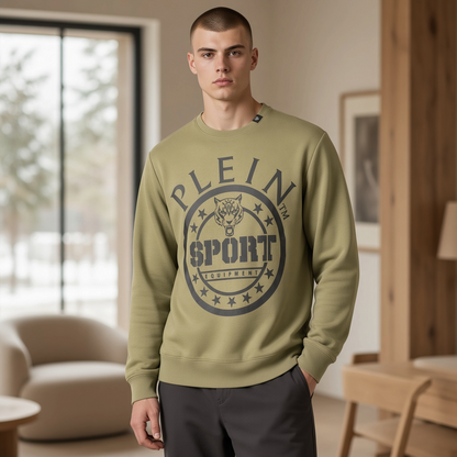 Sudadera verde de cuello redondo Plein Sport con estampado gráfico de tigre y logotipo para hombre