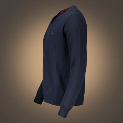 Suéter azul de hombre Harmont & Blaine con cuello en pico y logotipo bordado en el pecho, vista lateral