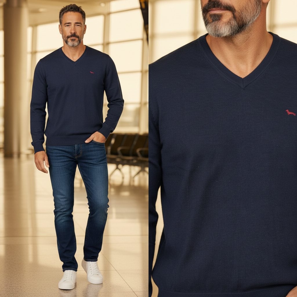 Hombre con suéter azul de cuello en pico Harmont & Blaine con bordado, combinado con vaqueros y zapatillas blancas