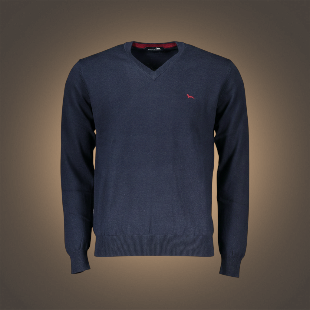 Suéter de hombre azul marino con cuello en pico y bordado de la marca liquidationlive