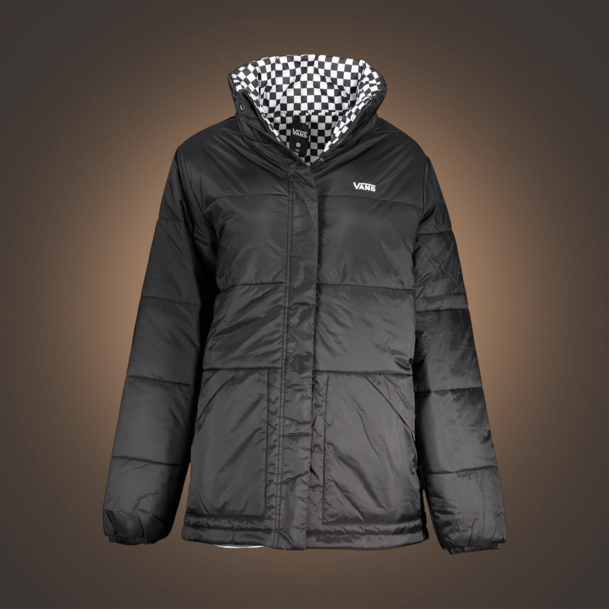 Chaqueta acolchada reversible liquidationlive Vans en color negro con interior de damero y cierre de cremallera