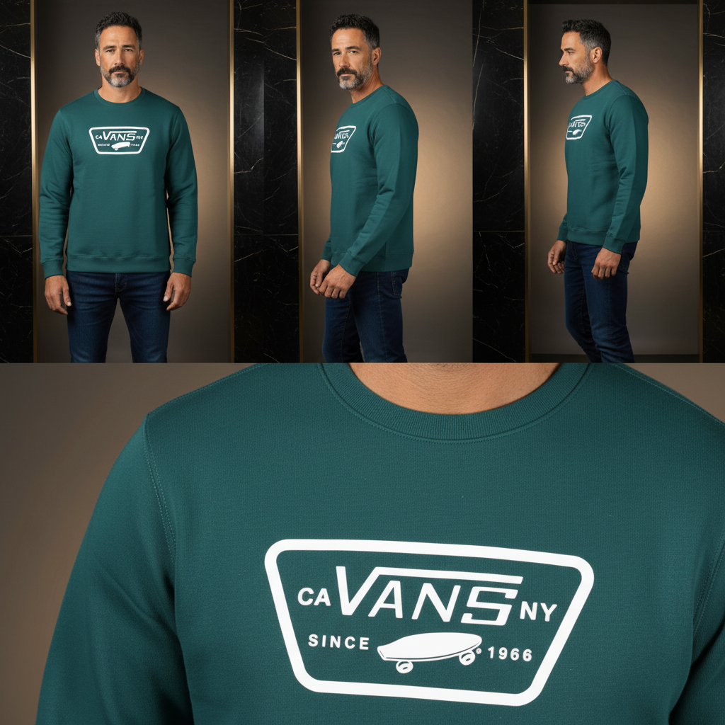 Sudadera de hombre liquidationlive Vans verde de cuello redondo con logotipo gráfico blanco en el pecho
