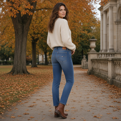 Modelo luciendo vaqueros skinny Nora de liquidationlive en azul lavado con jersey crema en un parque otoñal