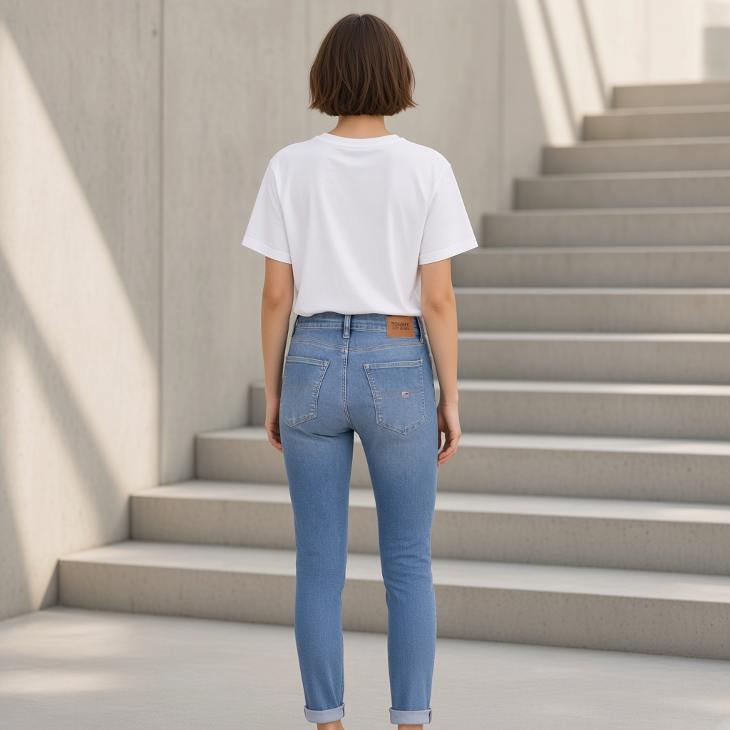 Mujer de espaldas vistiendo vaqueros Tommy Hilfiger Sylvia super skinny azul claro con camiseta blanca en escaleras