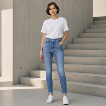 Mujer vistiendo vaqueros Tommy Hilfiger Sylvia super skinny azul claro con camiseta blanca en un entorno moderno