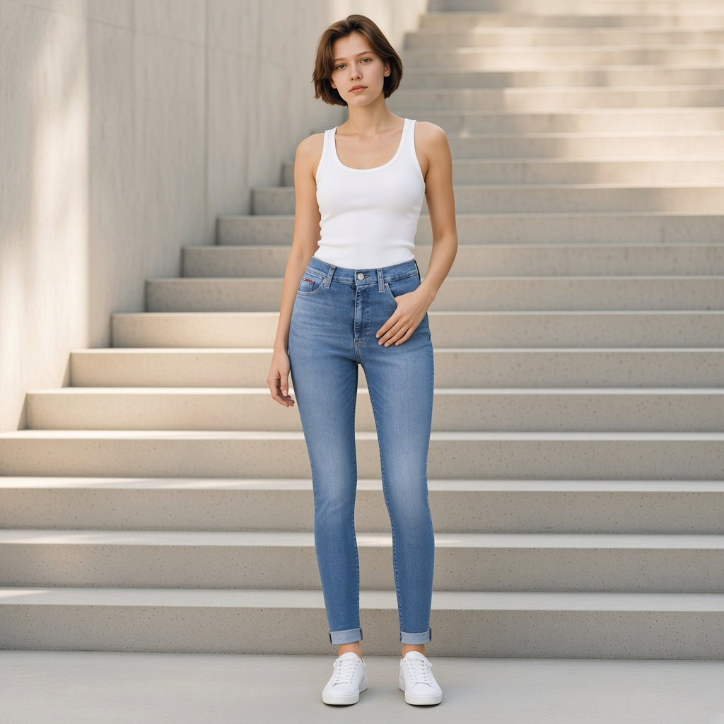 Mujer vistiendo vaqueros Tommy Hilfiger Sylvia super skinny azul claro con camiseta blanca en escaleras de hormigón