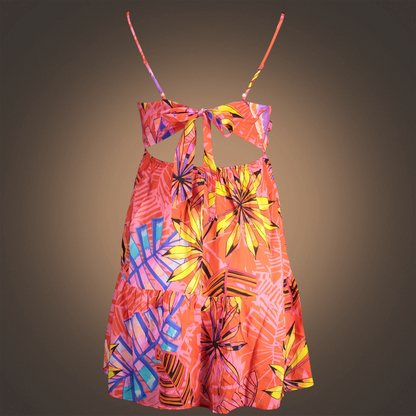 Vestido corto Desigual de liquidationlive con estampado tropical, espalda abierta y lazada en color coral