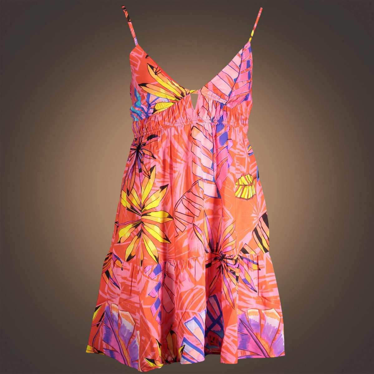 Vestido corto Desigual de liquidationlive con estampado tropical de flores y hojas sobre fondo rojo coral y tirantes
