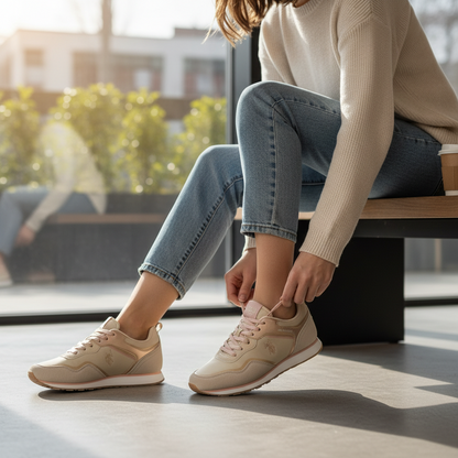 Zapatillas beige de mujer liquidationlive con cordones rosas y logotipo lateral, ideales para un look deportivo