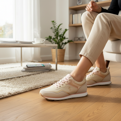 Zapatillas beige U.S. Polo Assn. para mujer con detalles en contraste y logotipo lateral en un entorno hogareño