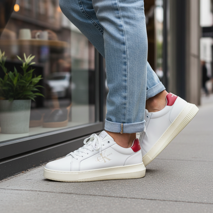 Zapatillas blancas Calvin Klein de hombre con detalle rojo en el talón y logo lateral, combinadas con vaqueros