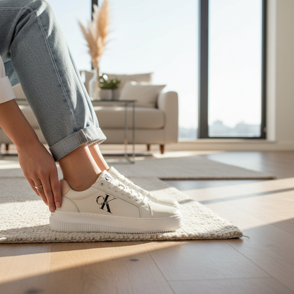 Zapatillas blancas Calvin Klein de mujer con logotipo lateral y detalle en el talón, usadas con vaqueros en interior