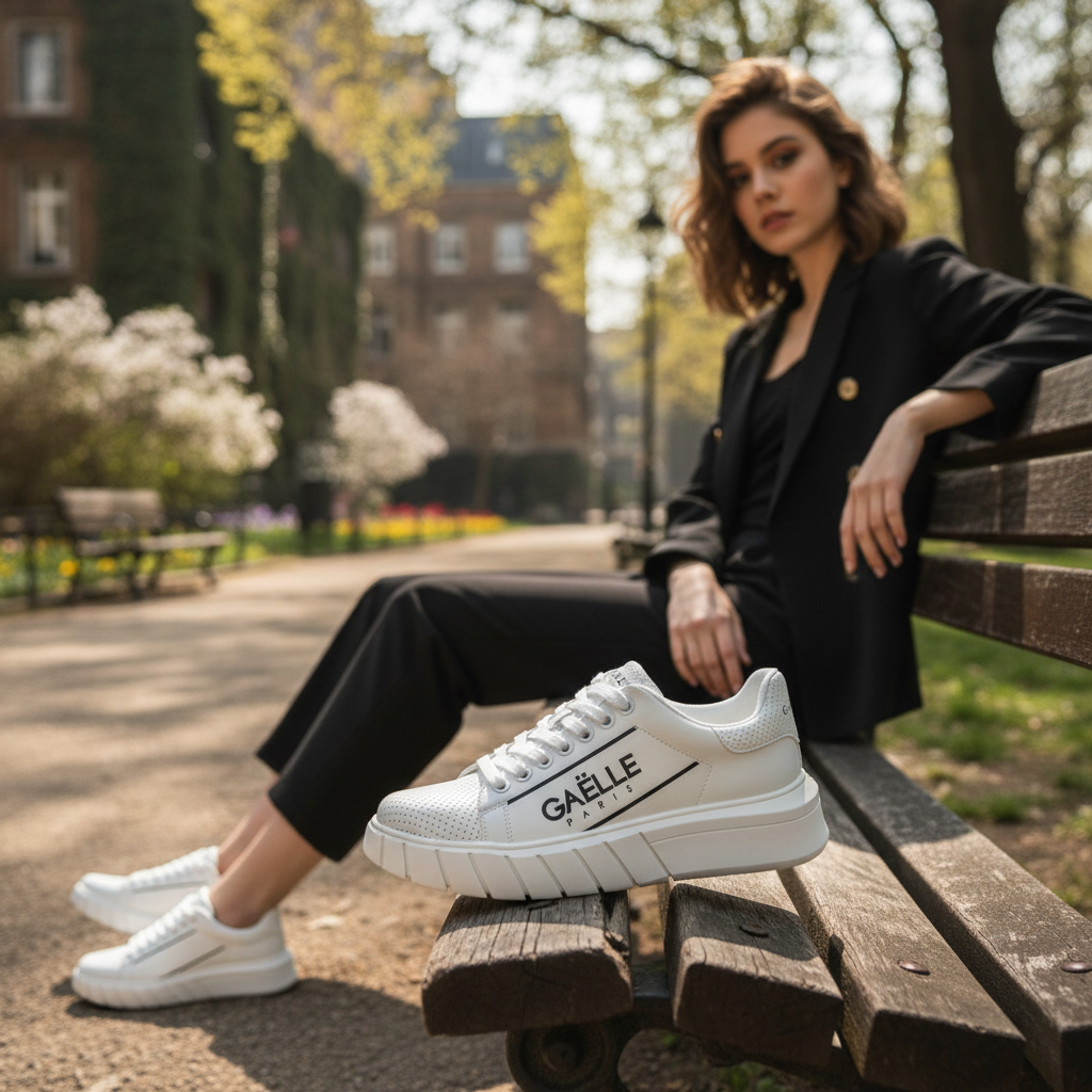 Zapatillas blancas Gaëlle Paris de liquidationlive con logotipo lateral y suela de plataforma en un parque