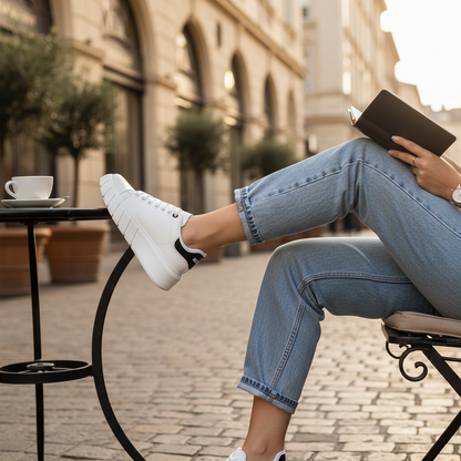 Zapatillas blancas Gaëlle Paris con detalles en contraste, usadas por una mujer con vaqueros en una terraza urbana.