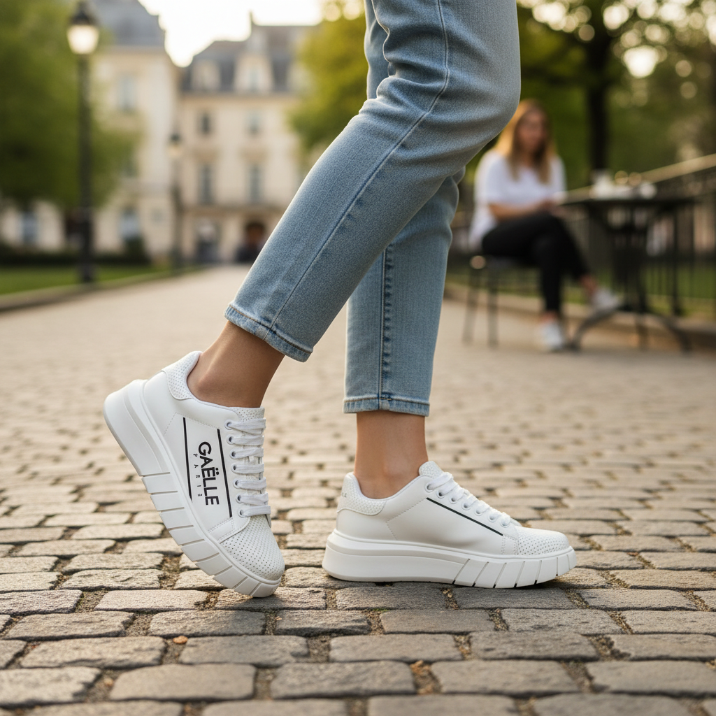 Zapatillas blancas Gaëlle Paris de liquidationlive con logotipo lateral y suela de plataforma en un entorno urbano