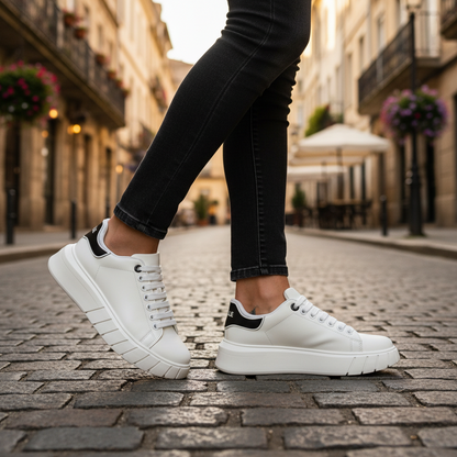 Zapatillas blancas Gaëlle Paris de liquidationlive con detalles en contraste negro y suela de plataforma en la calle