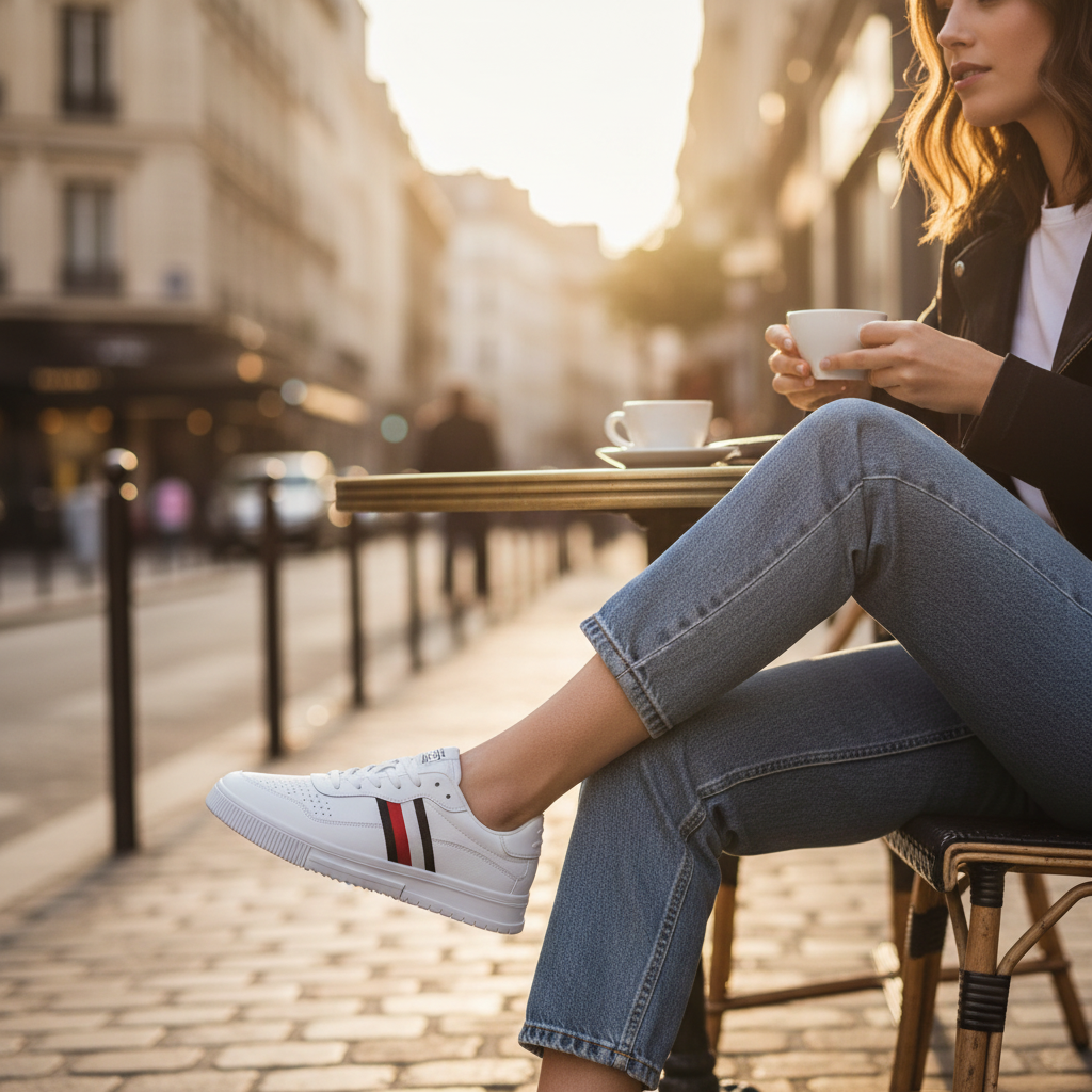 Zapatillas blancas Tommy Hilfiger de liquidationlive con cordones y detalles bordados en una terraza urbana