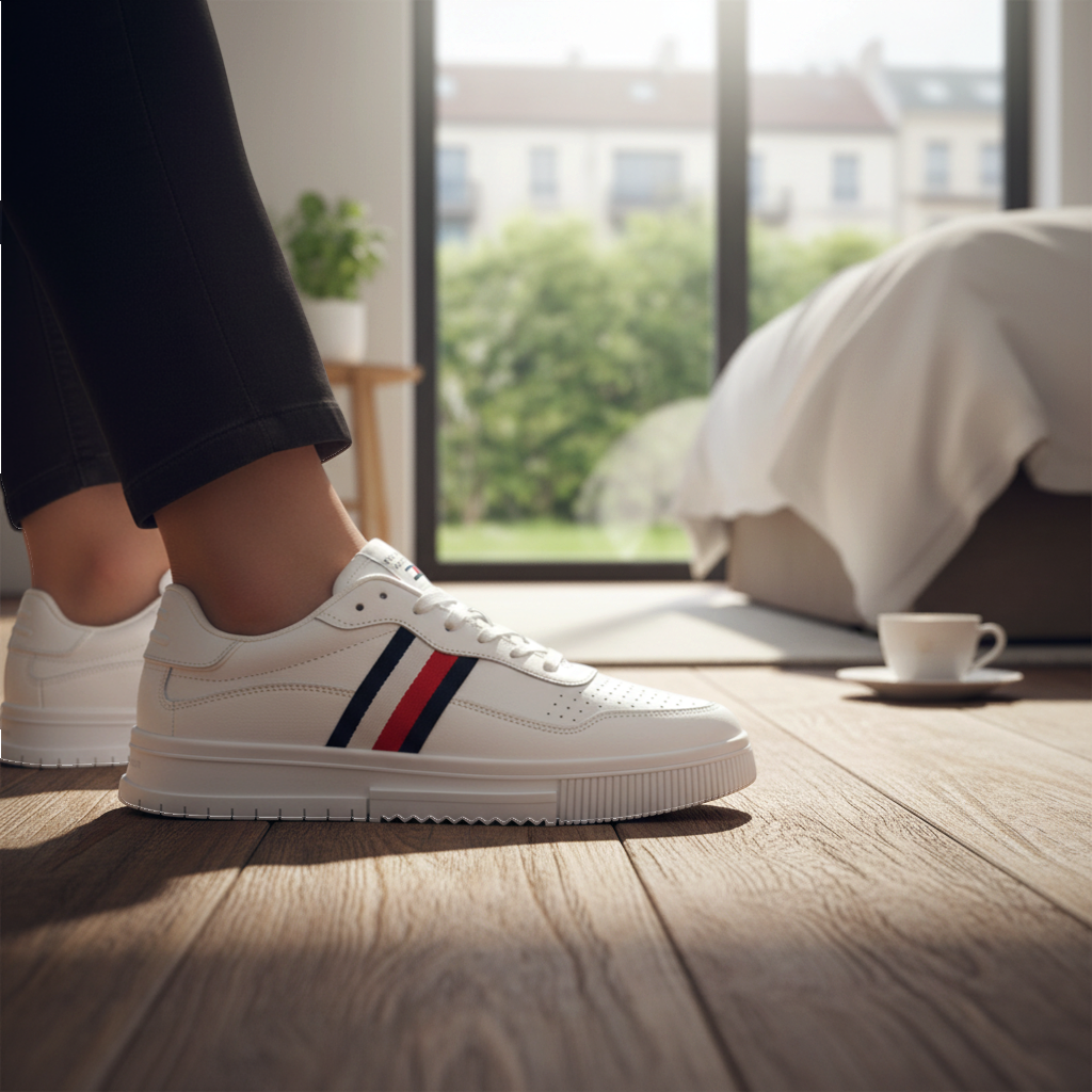 Zapatillas blancas Tommy Hilfiger de liquidationlive con cordones y detalle de rayas laterales en azul y rojo