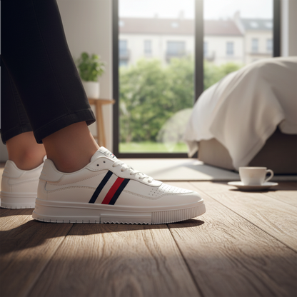 Zapatillas blancas Tommy Hilfiger de liquidationlive con cordones y detalle de rayas laterales en azul y rojo