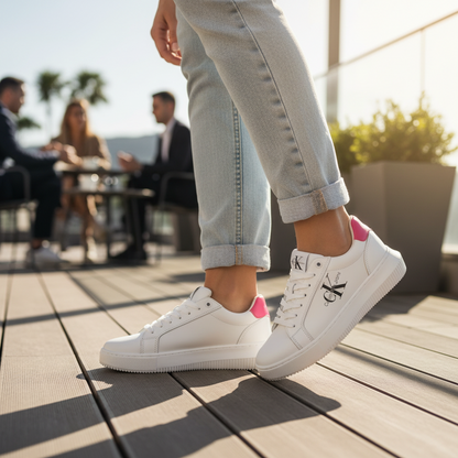Zapatillas blancas Calvin Klein de mujer con detalle rosa en el talón y logotipo lateral, usadas con vaqueros