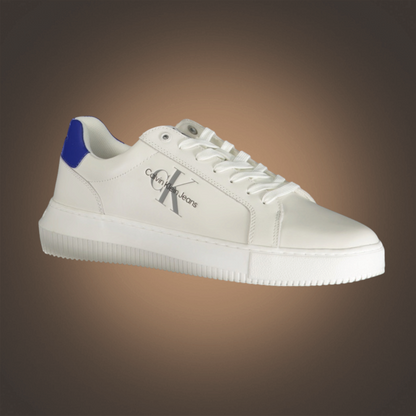 Zapatillas de hombre liquidationlive Calvin Klein blancas con cordones, logotipo lateral y detalle azul en el talón