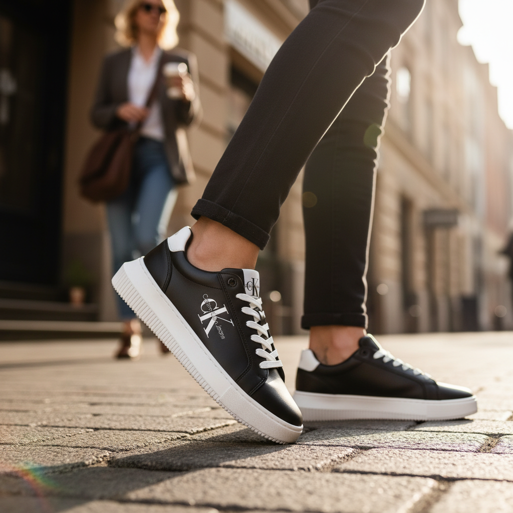 Zapatillas negras de mujer liquidationlive con cordones blancos, logotipo lateral y detalle en el talón